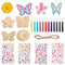 patinadrift 24 Stück Holz Bastel Kinder Schmetterling und Blume Kindergeburtstag Bemalen Bastelset mit Aquarellstift, Glitzersteine Sticker, Hanfseil für DIY Handwerk Jungen Mädchen Geburtstagsdeko