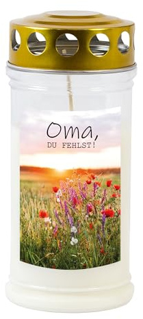 Grabkerze Oma Du fehlst - Mohnblumenmotiv, Wetterfest, 70-90 Std. Gedenkkerze Trauerkerze Oma - Langlebig, 100% Pflanzenöl, Weiß mit Golddeckel JEKA - TLB