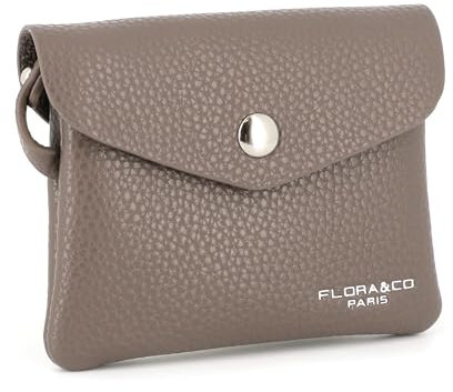 flora & co - Petit Porte-Monnaie Cartes Similicuir Souple - Portefeuille Pochette Rabat Zip avec Crochet Porte-clé - Pratique Léger - Taupe Fonce