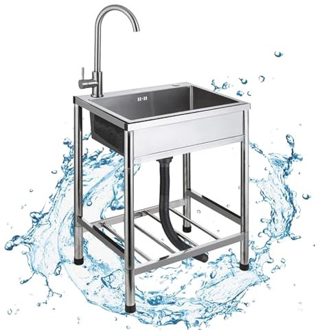 Lavello da Cucina In Acciaio Inox Indipendente Commerciale Con rubinetti caldi e freddi, Lavatoio da Campeggio Lavandino da Esterno Autoportante Per lavanderia