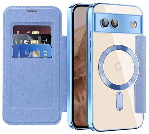 Emlivi Hülle für Google Pixel 7a, 2-IN-1 Magnet Klapphülle [Kabelloses Laden] [Kartenfach] Handyhülle Magnetische Premium Leder Klappbare Flip Case Stoßfeste Schutzhülle für Pixel 7a, Hellblau