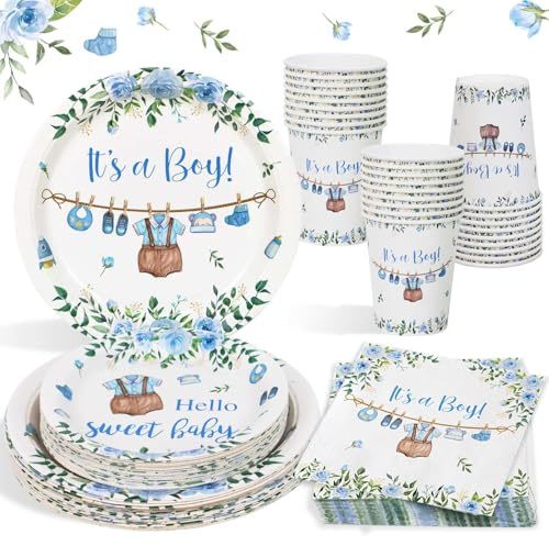 Heboland Piatti Baby Shower Maschio Blu per 25 Ospiti, 100 Pezzi Stoviglie Il Mio Battesimo Piatti di Carta Tazza Battesimo Bimbo per Neonati Baby Shower Decorazioni Boy