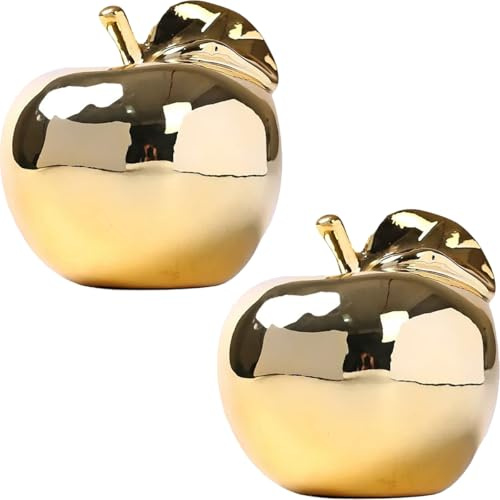 Hoobar Keramik-Statuen in Obstform, handgefertigt, beschichtet, Apfel-Birnen-Skulptur für Hochzeit, Veranda, Schreibtisch und Heimdekoration, Einrichtungsartikel, 2 Stück (Gold Apple 2)
