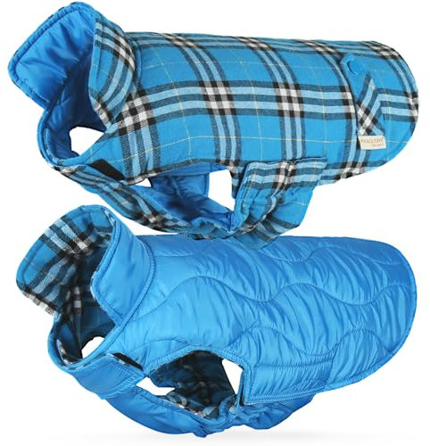 VIVAGLORY Softjoy Hundemantel, Wintermantel mit Bauchschutz & Klettverschluss, Hundejacke für Winter & Weihnachten, Warm Softshell Kariert Schnittmuster Verstellbar, M, Blau