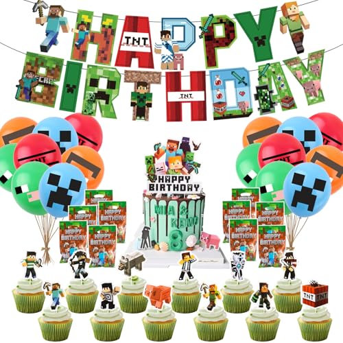 Fizdoqg kit Decoración Cumpleaños, Decoracion Cumpleaños Infantil, Adornos Cumpleaños con Pancarta, Cupcake Toppers, Globos, Bolsas de Regalo para Tema, Fiesta, Cumpleaños