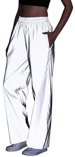 NewL Reflektierende Hip-Hop-Hose für Damen, hohe Sichtbarkeit, Sport, weites Bein, holografisch, geeignet für Rave-Partys, Silber, XL
