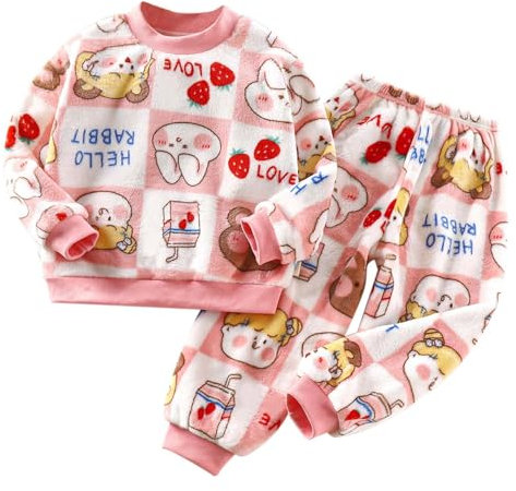 Kinder Jungen Mädchen Fleece Schlafanzug Zweiteiler Cartoon Muster Kuschelig Pullover + Hose Flauschiger Pyjama Set (1-b-Rosa, 11-12 Years)