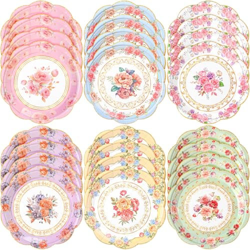 Zhehao 48 Pcs 7 Inch Vintage Floral Dessert Plates Watercolor Disposable Paper Plates Scalloped Retro Flower Decorative Plates for Birthday Wedding Baby Shower Tea Party Decor Supplies, 6 Styles