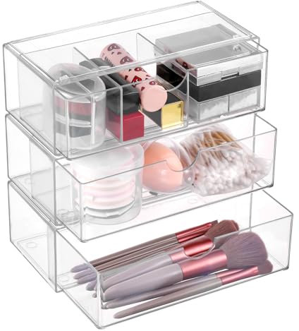 Hejo 3 Stück Acryl Kosmetik Organizer, Make up Organizer, Schminktisch Organizer, Schubladen Organizer Bad, Stapelbarer Schmink Organizer, Wattestäbchen Behälter für Badezimmer & Kommode (Klar)