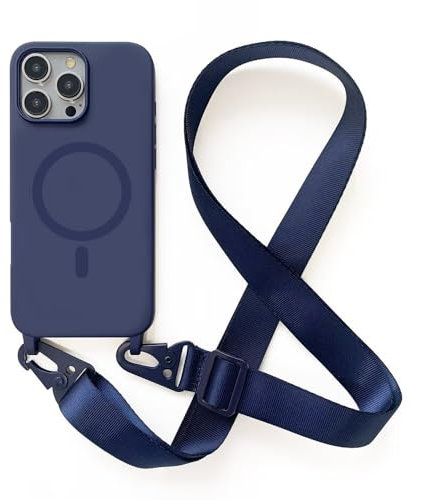 Leather Armor Handykette Hülle für iPhone 16 Pro Max(6.7) mit Band Halsband Lanyard (abnehmbar) Handyhülle, Verstellbarer Lanyard.Magnetisch Stoßfest Silikonhülle Wireless Charging kompatibel .-Blau