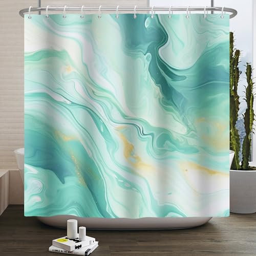 Kzzfqxb Rideaux de Douche 183x183cm avec Crochets en Plastique, Motif marbre Vert occlus et Lignes fluides imperméable, Tissu Polyester Frais pour Salle de Bain et Baignoire