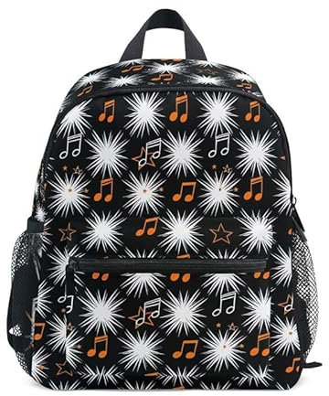 ODAWA Schulrucksack mit schwarz-weißen Musiknoten für Mädchen mit Namensschild, Musiknoten Weiß Schwarz, M