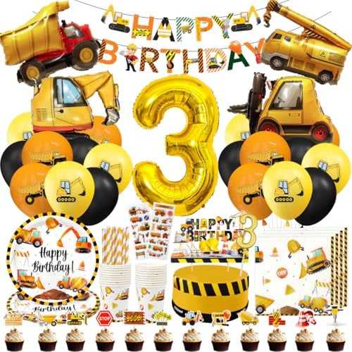 Geburtstagsdekoration Bagger 3 Jahre, Geschirr für Mottopartys Bau Fahrzeuge für Kinder 3 Jahre mit Bagger-Luftballons, Kerze Nummer 3, Kuchendekoration, Serviette, Teller