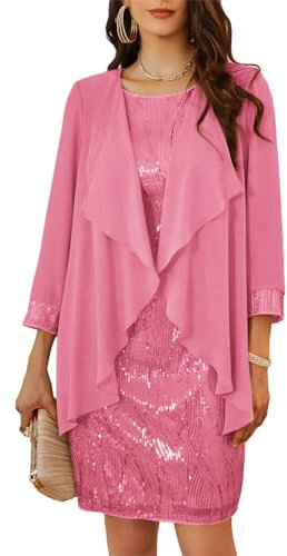 GRACE KARIN Robe cami élégante à paillettes sans manches col rond en tulle 2 pièces cardigan robe de soirée pour fête, Rose, XL