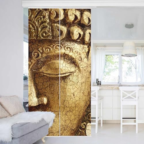 micasia Schiebegardine halbtransparent 60er Paneel Klett Spirituell Textil lichtdurchlässig - Buddha Vintage Flächenvorhang Gold Wohnzimmer Schlafzimmer 1721 (120x250 cm - 2er Set)