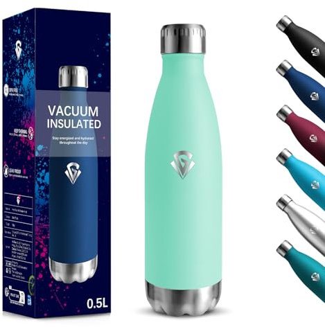 Borraccia Termica, 500 ml Senza BPA, Borraccia, 18/8 Acciaio Inossidabile, Borracce Acciaio Inox, Isolamento Sottovuoto a Doppia Parete, Bottiglia Termica per Scuola, Viaggi, Jogging - Verde blu
