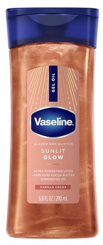Vaseline Glazed and Glisten Sunlit Glow Body Gel Oil Vanilla Cocoa Shimmering with Ultra-Hydrating Lipids and 100% Pure Cocoa Butter, 6.8 Oz