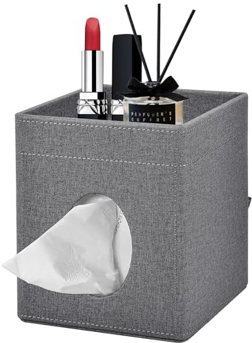 XNONE Tissue Box Cover,PU Leather Square Tissue Box Holder with Storage Tray for Bathroom Vanity Countertop Night Stands Bedroom Office Desk,Stylish Kleenex Box Holder Decorative Organizer (Grey)