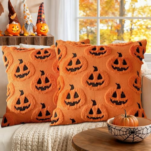 magimagi Halloween Kissenbezug, 2 Stück Kürbis Kissenbezüge 45 x 45 cm, Halloween Deko Kissen, Helloween Bettwäsche, Boo Basket Geschenk, Aesthetic Deko für Wohnzimmer Sofa Garten