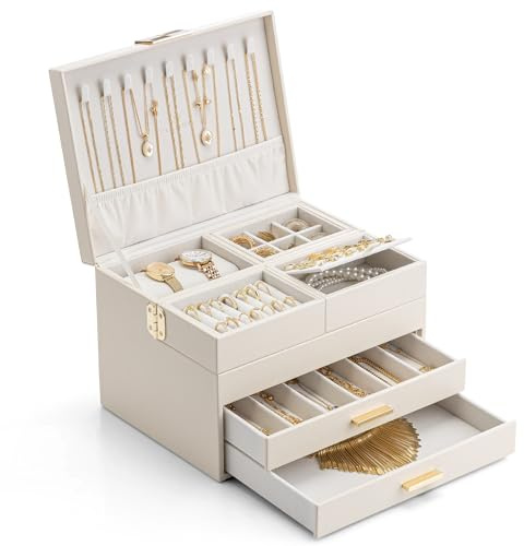 Vlando Schmuckkästchen Groß für Damen Schmuckaufbewahrung Mit 2 Schubladen Tablett Schmuck Organizer mit Schublade für Halsketten, Ringe, Armbänder,Ohrringe, Mütter und Mädchen, Beige