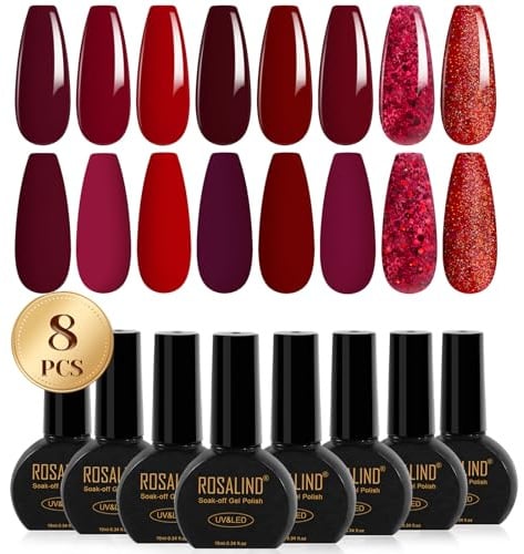 ROSALIND Esmaltes Semipermanentes Rojo 8 Piezas 10ML Burdeos Oscuro Rojo | Brillante Rojo Pintauñas Semipermanentes, UV LED Esmaltes en Gel Nail Art Manicure Regalo Valentín