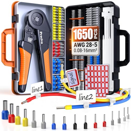 Preciva Ferrule Crimping Tool, Hexagonal Crimper 0.08-16mm² (AWG28-5) | Wire Ferrule Kit with 1500Pcs Connectors and 150Pcs Cable Ties, Self-Adjustable Ratchet Ferrule Terminals Crimping Tool