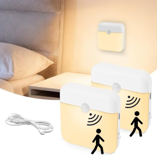 HOTUT Nachtlicht mit Bewegungsmelder, 2 Stück LED Nachtlicht Warmweiß, Aufladbar Typ-C, Auto Ein/Aus, Magnetische Schrankbeleuchtung, Sensor Licht, Nachtlampe für Treppen, Kinderzimmer, Gang, Küche