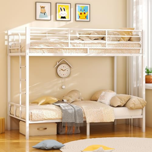Bonnlo Metal Bunk Bed, Single over Single Loft Bed Frame with 38cm High Full-Length Guardrail & Non-Slip Ladder, Space-Saving Twin Over Twin Bunk Bed, High Sleeper Bed Frame for Kid Teens Adults,White