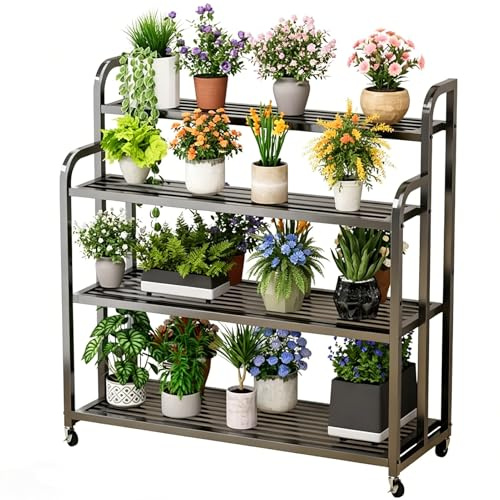 DMCHENGMA Supporto per piante da esterno in metallo nero a 4 livelli con ruote, supporto per fioriera per organizer per scaffali per scaffali per vasi da fiori(120x40x120cm)