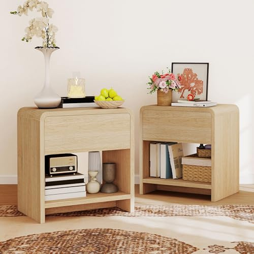 LUXOAK Nachttisch 2er Set - Moderner Nachtschrank mit 1 Schublade und offenem Fach, abgerundete Ecken, Beistelltisch für Wohnzimmer Schlafzimmer und Büro