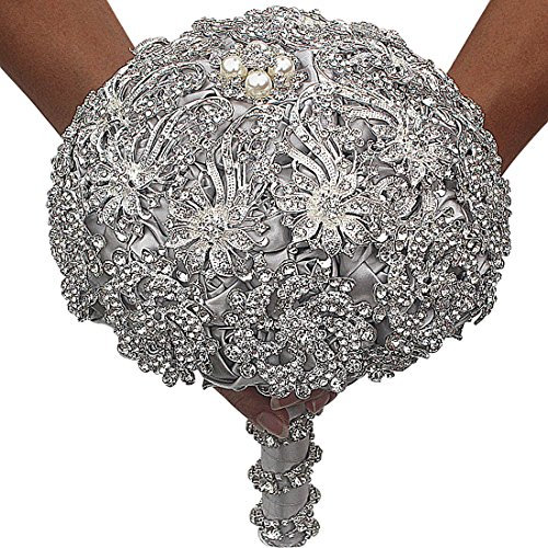 DOTKV Hochzeitsstrauß mit künstlichen Diamanten, Set bestehend aus Blumensträußen, Handgelenkblumen, Ansteckblume für Ihre Hochzeit, handgefertigt (Silber + Grau)