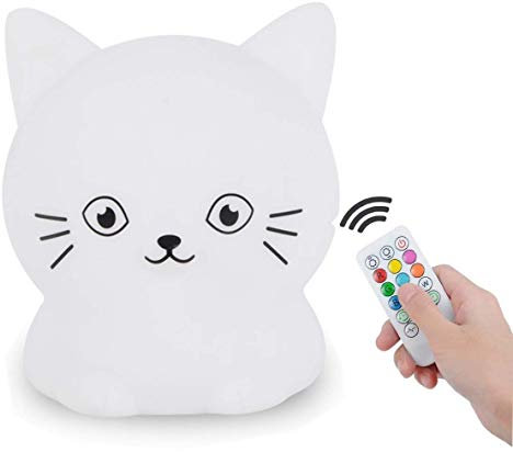 Tianhaixing Veilleuse Enfants, Rechargeable Bébé LED Veilleuse avec Silicone Souple Forme Animale Mignonne & RGB Multicolore Conception Compatible Télécommande et Tactile Dimmable (Chat)