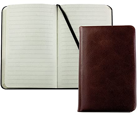 DELMON VARONE - Personalisierbares Taschen Notizbuch DIN A6 schmal, gebunden in Premium Vintage Leder braun - Blanko Buch liniert im Hardcover Ledereinband mit Fadenheftung und Merkband