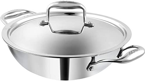 Vinod Kadai Wok Saucepan, Stainless Steel, Triple Layer, 18 cm Thick with Stainless Steel lid, 1.1 L