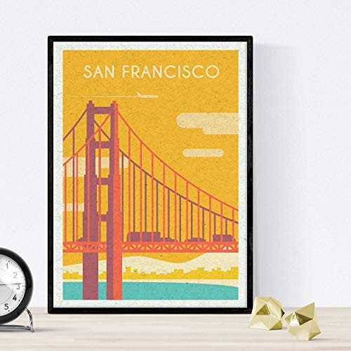 San Francisco Blatt. Vintage-Stil. Poster Golden Gate Bridge in der Farbe. Ad United States A3 Größe mit Rahmen