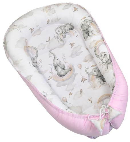 Pink Babynest Babynestchen für Baby Kuschelnest 2-seitig Babykokon für Säuglinge und Neugeborene Babynestchen 100% Baumwolle Babykissen 55 x 90 cm - Rosa/Elefant