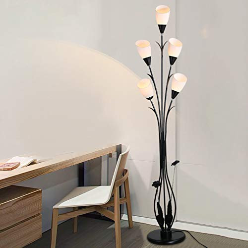 HKLY Moderner LED Stehleuchte, Kreativer Schwarz Schmiedeeisen Stehlampe 5 Flammig Weiß Lampenschirm Aus Acryl, E27 Sockel for Schlafzimmer, Wohnzimmer Study Room, Höhe 160Cm Standleuchten