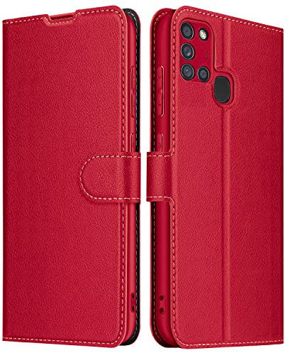 ELESNOW Hülle für Samsung Galaxy A21s, Leder Klappbar Wallet Schutzhülle Tasche Handyhülle mit [Magnetisch, Kartenfach, Standfunktion] für Samsung Galaxy A21s (Rot)