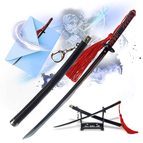 Demon Slayer – Tanjiro Kamodas Samurai Katana, Schwert Brieföffner mit Scheide und Ständer, Miniatur Schwert aus Kimetsu No Yaiba, Schlüsselanhänger, Anime Geschenk für Fans & Sammler