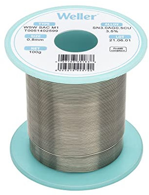 Weller WSW sac M1 (T0051402599) Filo Saldante, Ø 0.8mm, 100g, Lega Sn96.5Ag3.0Cu0.5, Contenuto di Fondente 3,5%, Silver