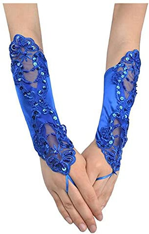 GIVBRO Damen Spitzenhandschuhe Fingerlose Fäustlinge Schleife Brauthandschuhe Verkleidung Zubehör für Party Bars Hochzeit Dress Up Dunkelblau