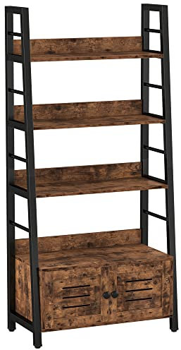 IRONCK Bookshelf with Louvered Doors, 3-Tier Ladder Shelf with Cabinet Industrial Accent Furniture for Bedroom Living Room Home Office, Rustic Brown
