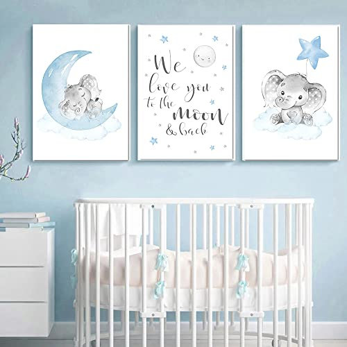 Youihom 3 Poster Elefant, Baby, Blau, Grau, Wolke, Mond, Sterne, Zitat, Kinder, Poster, Kinderzimmer, Jungen, 30 x 40 cm, Wandbild, Dekoration, Geschenk, ohne Rahmen