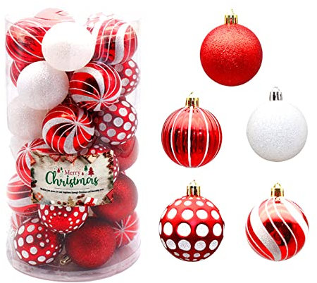 30 Stück, 6 cm, Weihnachtskugeln, Weihnachtskugeln, Weihnachtskugeln, bruchsichere Weihnachtskugeln mit Haken, Weihnachtskugel rot und weiß