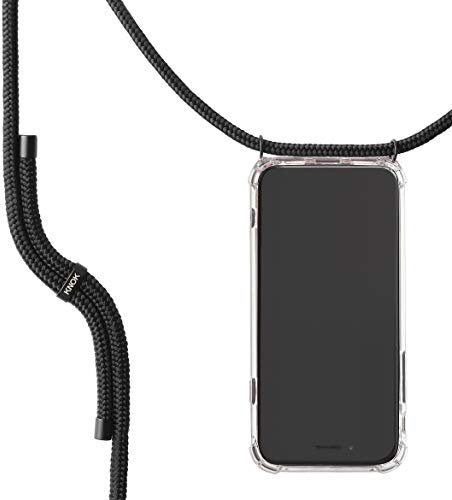 KNOK Handykette Kompatibel mit Apple iPhone 14 PRO MAX - Silikon Hülle mit Band - Handyhülle für Smartphone zum Umhängen - Transparent Case mit Schnur - Schutzhülle mit Kordel in All Black