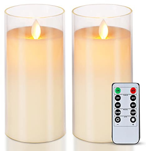 Homemory 7.6 cm x 15.2 cm Elfenbein flackernde flammenlose Kerzen mit klarer Gehäuse aus Acryl, Batteriebetriebene Plexiglas LED Säulenkerzen mit Fernbedienung und Timer, 2er-Set