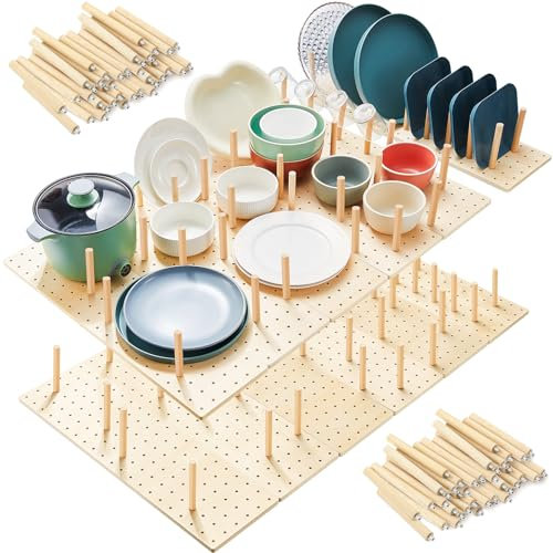Kigley 12 organizadores de cajones de tablero perforado con 96 clavijas de madera, organizador de platos de cajón de cocina para platos, recipientes de alimentos, utensilios de cocina, utensilios