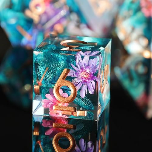 DND Würfel Set 7pcs Blume D4 D6 D8 D10 D% D12 D20 Handgefertigt Kunstharz Scharfkantige D&D Würfel für Dungeons und Dragons Pathfinder Rollenspiele Tischspiele RPG MTG Spiele mit Geschenkbox