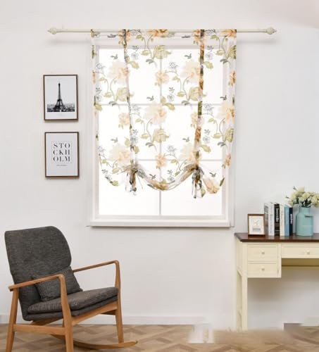 Raffrollo Mit Schlaufen Raffgardinen Gardinen, Küche Bindegardine Scheibengardine, Voile Transparentes Bändchenrollo, Für Schlafzimmer, Badezimmer, Küche,1er Pack (BxH 100x140cm,Gelbe Pfingstrose)