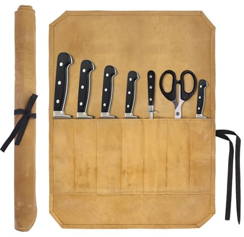 Minicoco Chefs Knife Roll Bag 7 Slots Waxed Canvas Chef Knife Roll Bag, Portable Knife Case Suitable for Chefs Cooks BBQ Hiking Camping(Khaki)